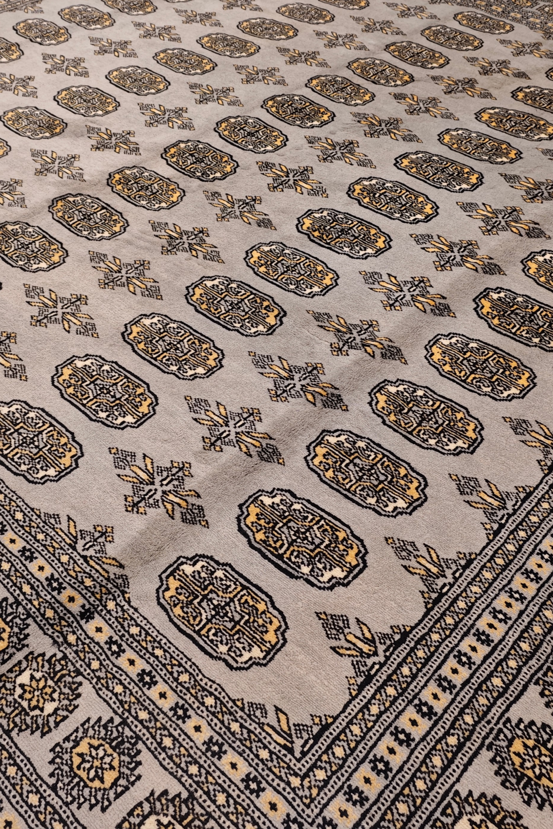 Warm Grey Turkmen Gül Bokhara Square Rug, Hand-Knotted Pakistani Wool