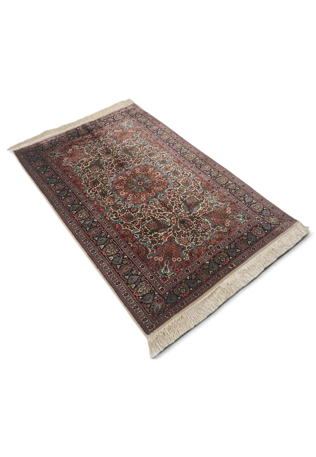 Ivory and Navy Shah Abbasi Floral Medallion, Hand-Knotted Silk Rug