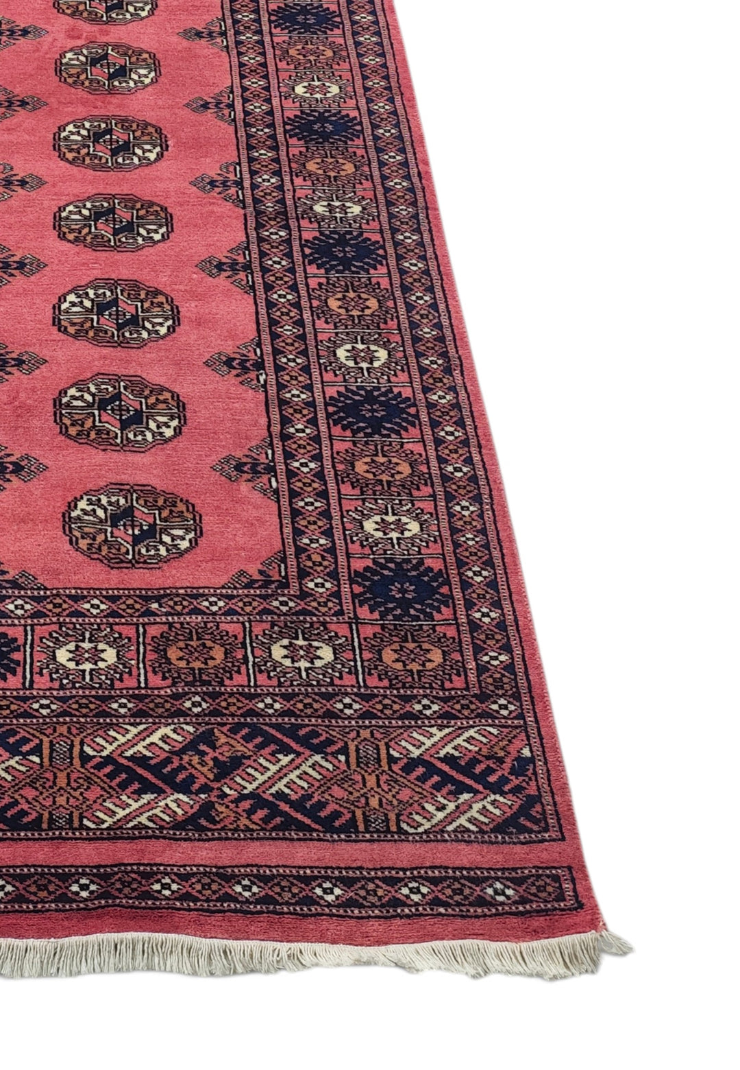 Rose and Navy Single Column Gül Bokhara, Hand-Knotted Wool Rug