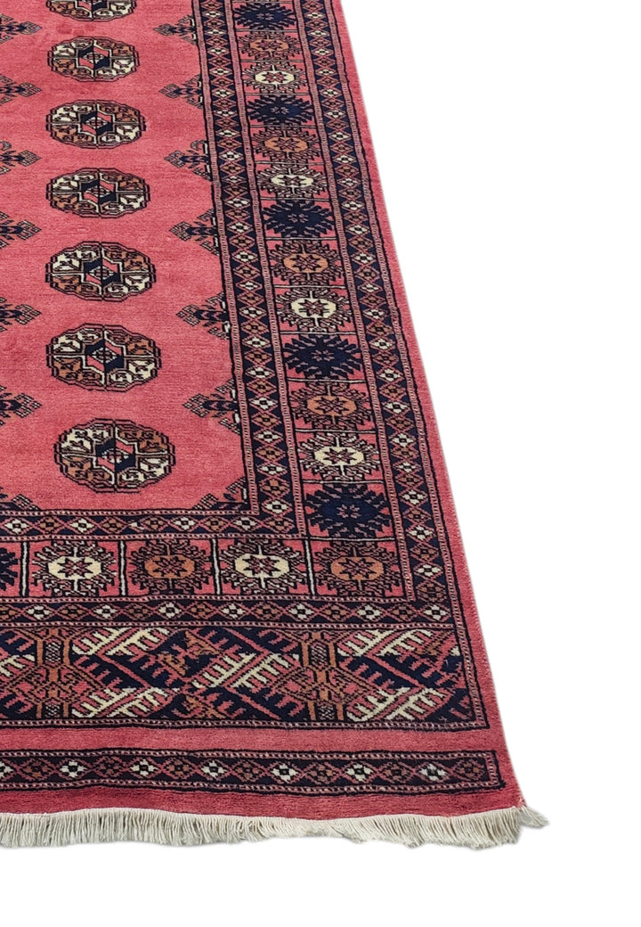 Rose and Navy Single Column Gül Bokhara, Hand-Knotted Wool Rug
