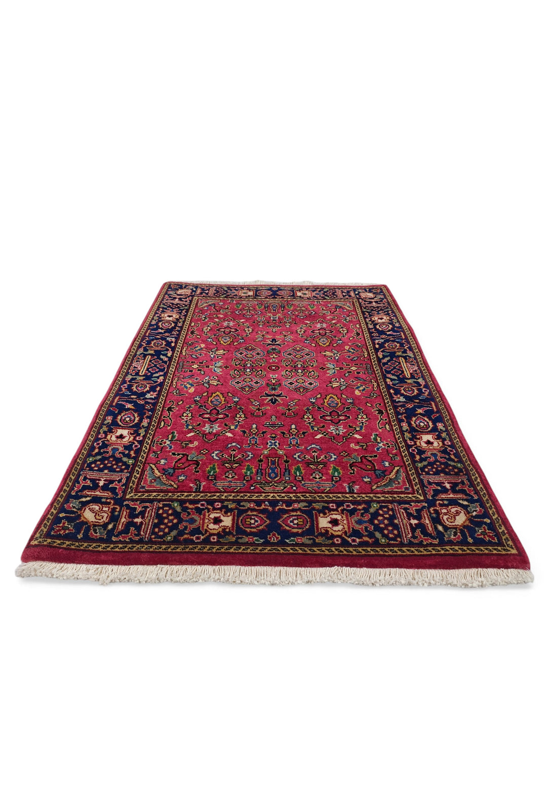 Madder Red and Indigo Sarouk Garden Floral, Hand-Knotted Wool Rug