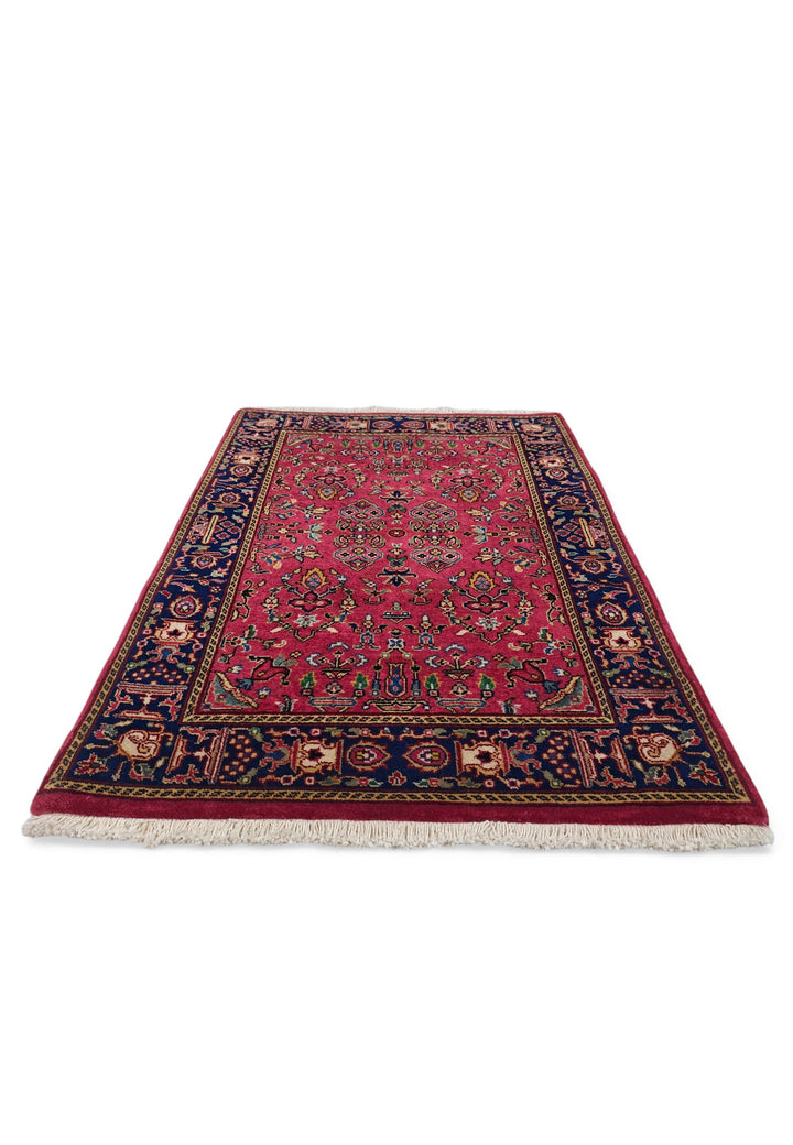 Madder Red and Indigo Sarouk Garden Floral, Hand-Knotted Wool Rug