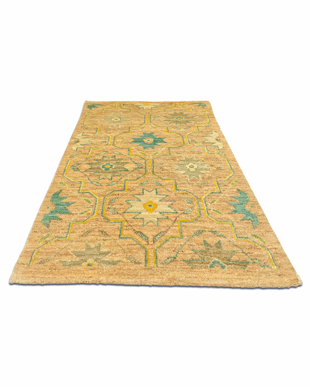 Gold &amp; Green Floral Gabbeh, Hand-Knotted Afghan Wool Rug