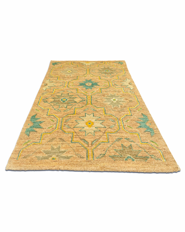Gold &amp; Green Floral Gabbeh, Hand-Knotted Afghan Wool Rug