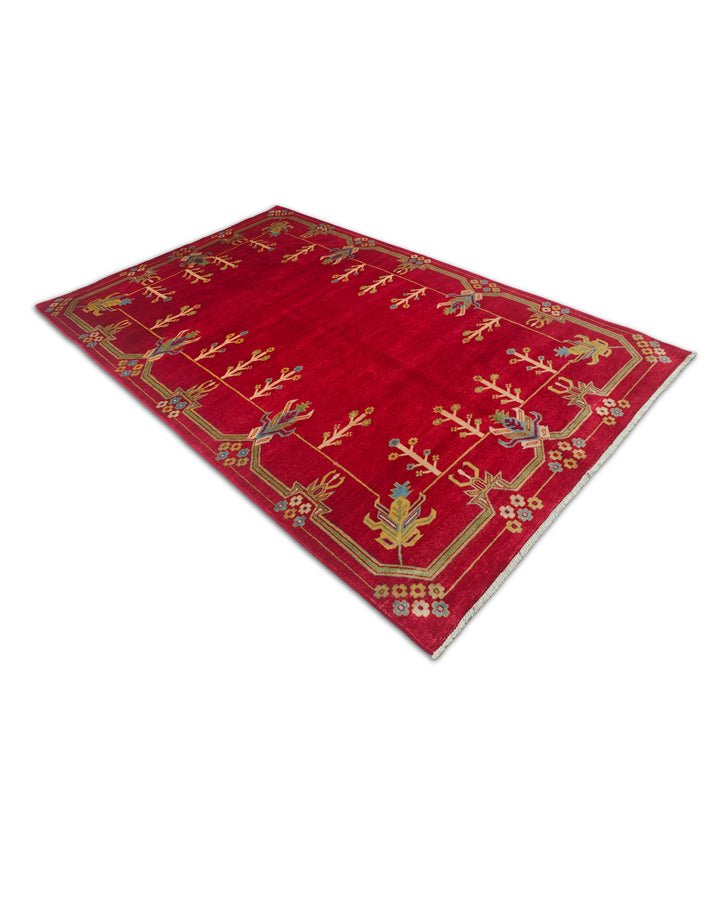 Deep Red and Cream Flowering Tree, Hand-Knotted Wool Rug