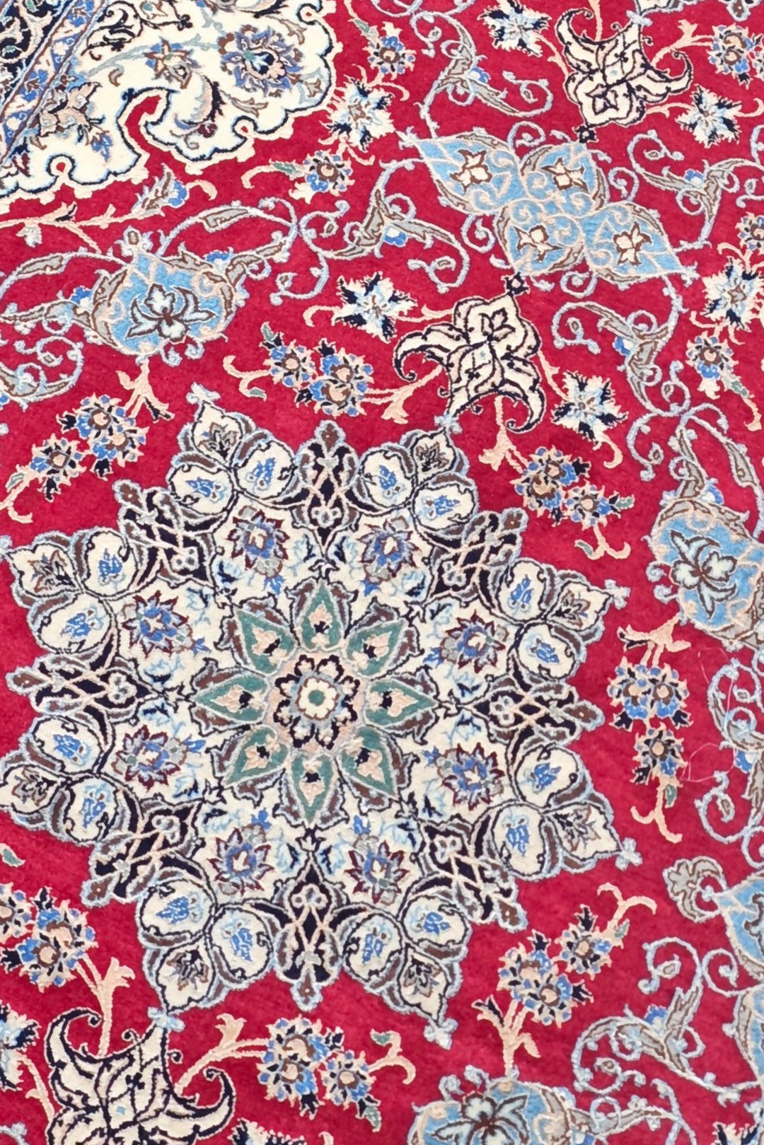 Red and Navy Medallion Nain, Hand-Knotted Wool Rug