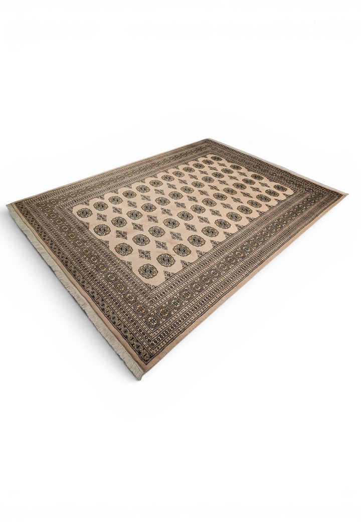 Sandy Beige &amp; Black Turkmen Gül Bokhara Rug, Hand-Knotted Pakistani Wool