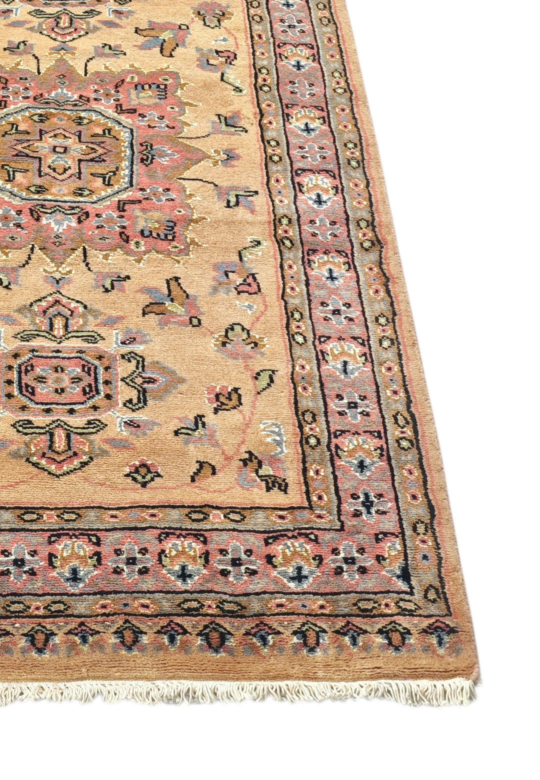 Golden and Rose Jaldar Medallion, Hand-Knotted Wool and Silk Rug