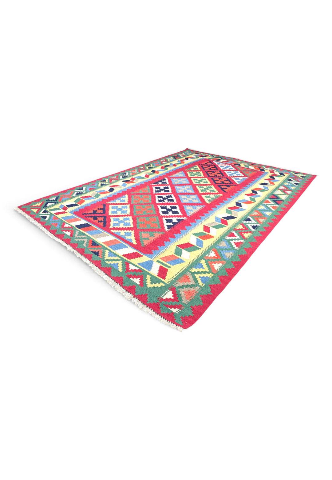 Cerise and Green Qashqai Medallion Kilim, Hand-Woven Wool