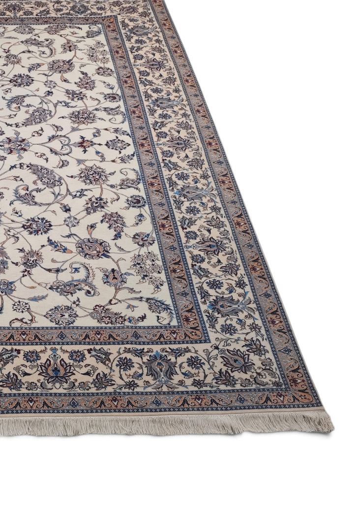 Ivory and Salmon All-Over Arabesque Nain, Hand-Knotted Wool Rug