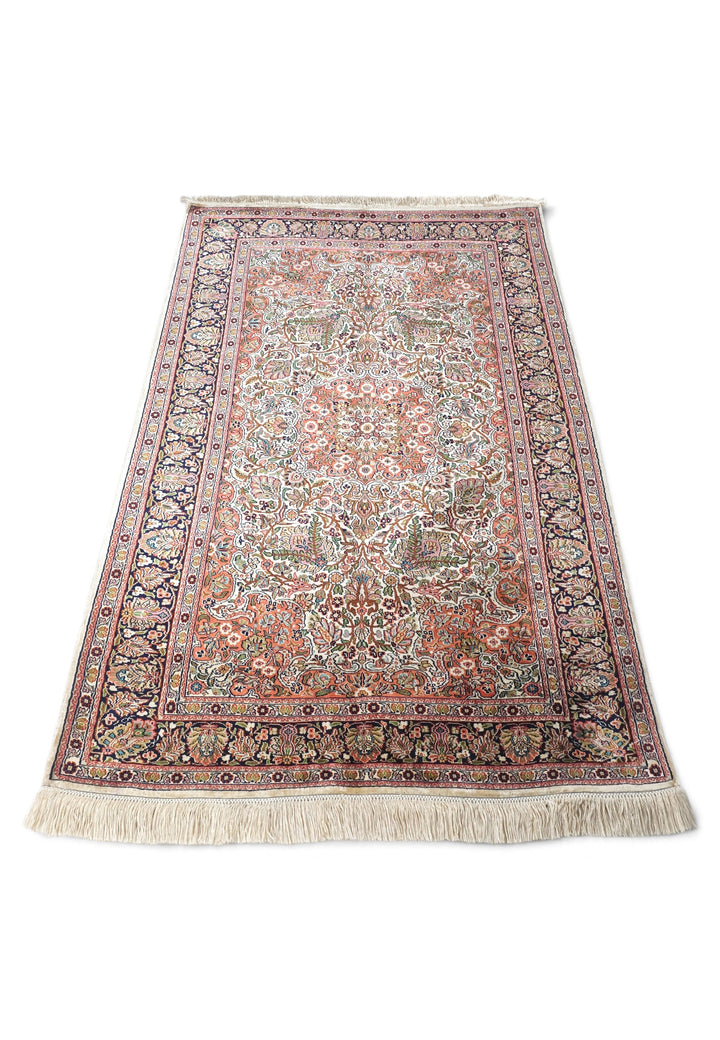 Rose and Black Afshan All-Over Floral, Hand-Knotted Silk Rug