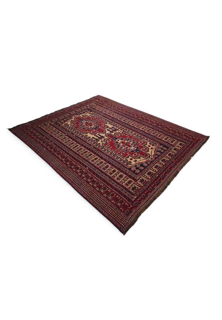 Deep Red and Camel Stepped Turkmen Medallion Kilim, Hand-Woven Wool