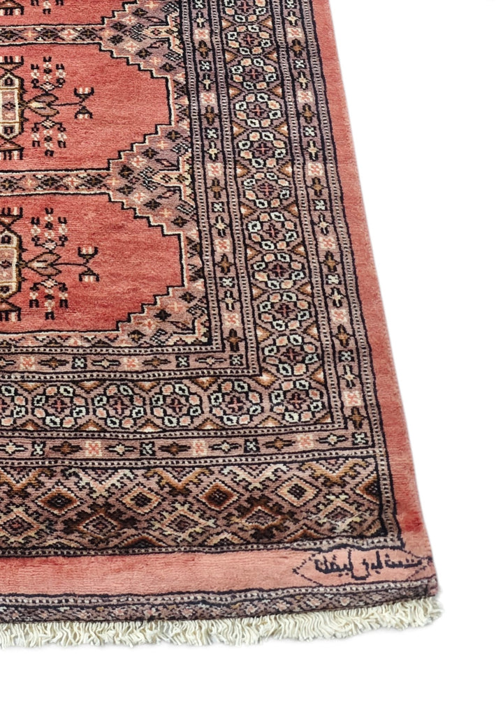 Salmon and Ivory Turkmen Gül Bokhara, Hand-Knotted Wool Rug