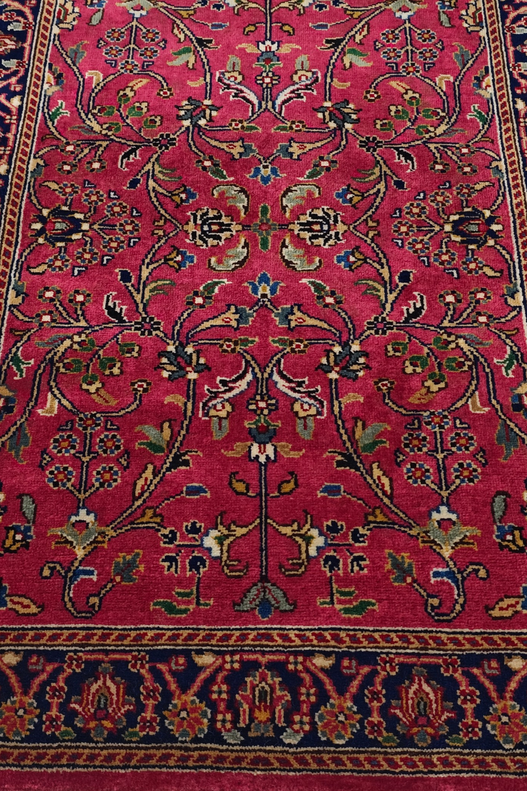 Magenta and Navy Hereke Floral, Hand-Knotted Wool Rug