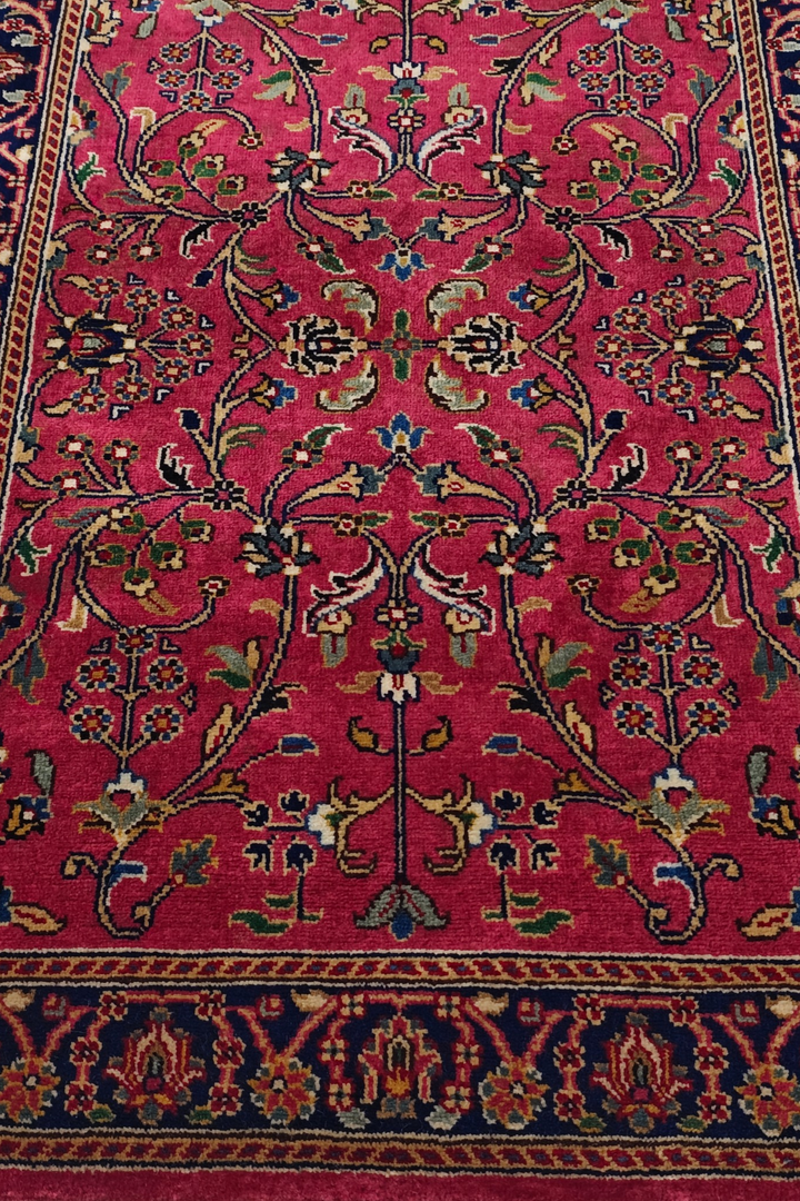 Magenta and Navy Hereke Floral, Hand-Knotted Wool Rug