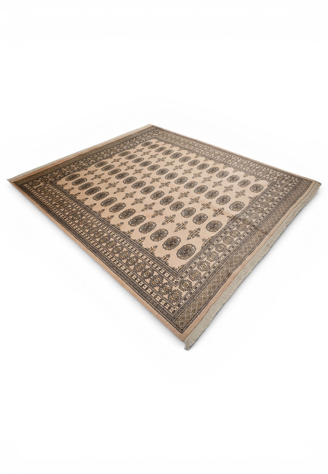 Camel Beige &amp; Charcoal Turkmen Gül Bokhara Rug, Hand-Knotted Pakistani Wool