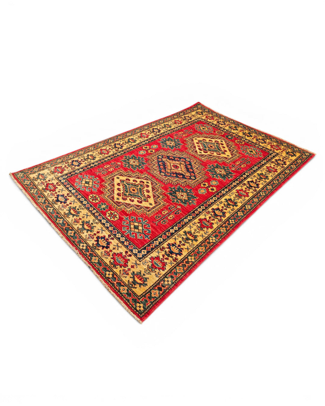 Red &amp; Gold Medallion Kazak Rug, Hand-Knotted Afghan Wool