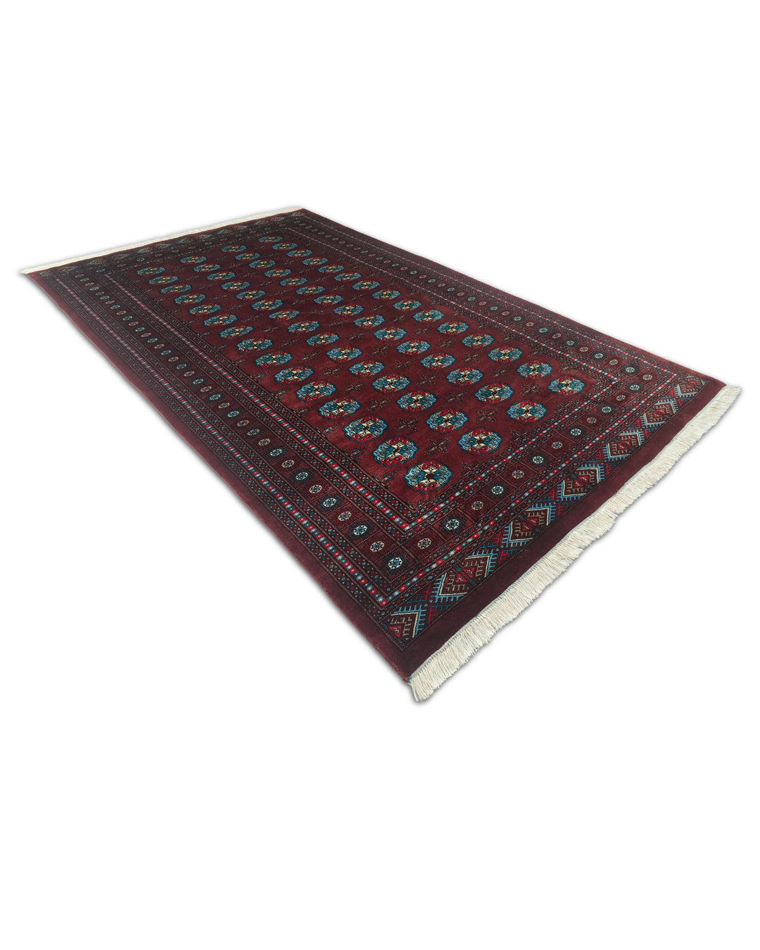 Oxblood and Blue Turkmen Gül Bokhara, Hand-Knotted Wool Rug