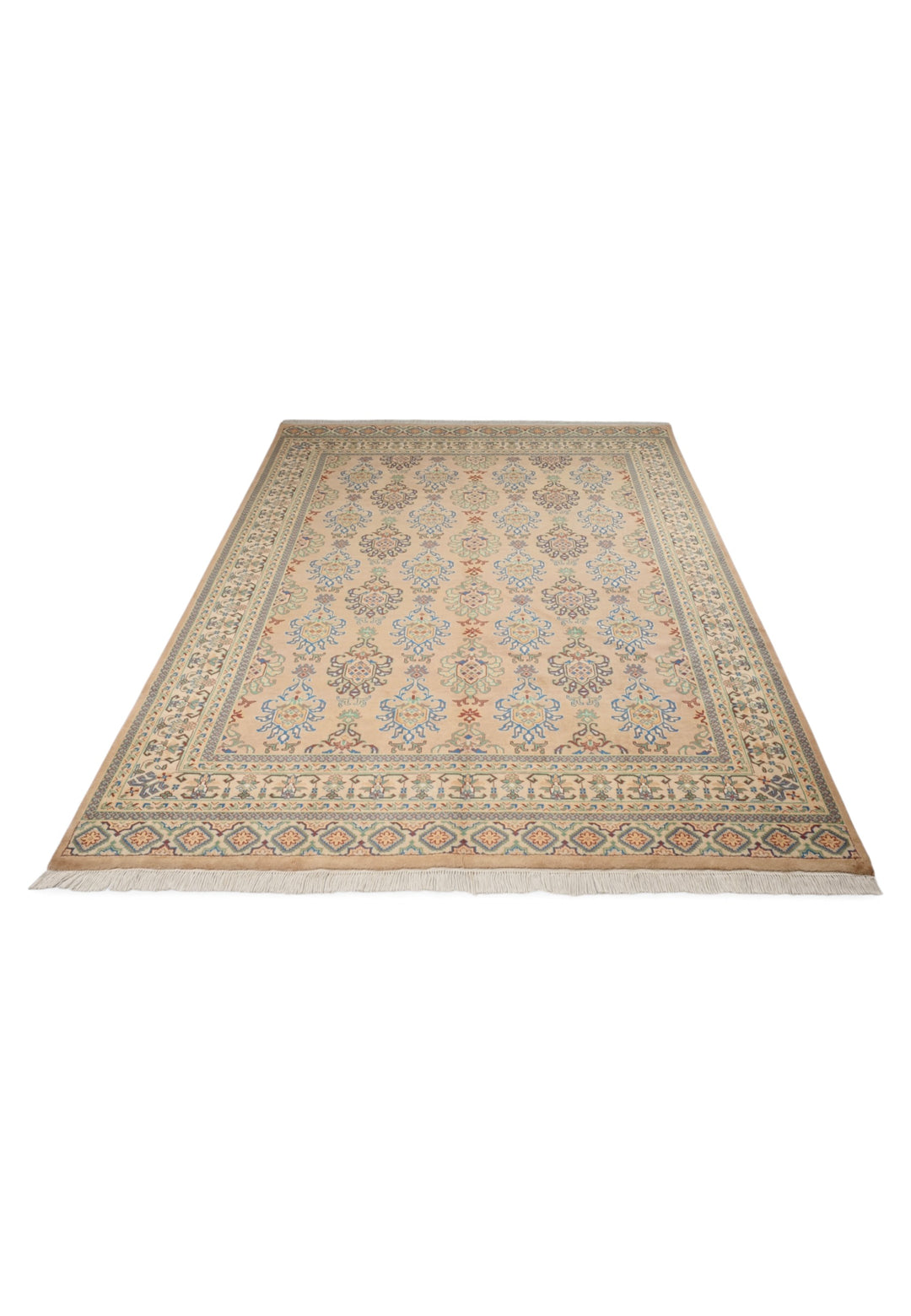 Apricot and Slate Blue Alternating Palmette, Hand-Knotted Wool and Silk Rug