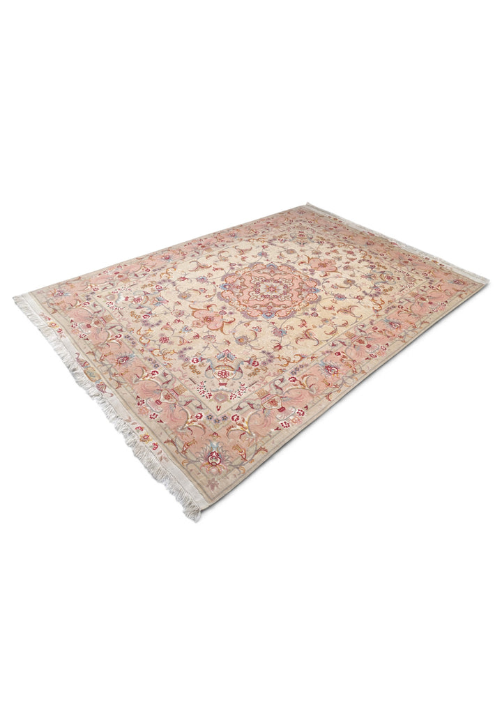 Cream and Rose Pink Vase Border Tabriz, Hand-Knotted Wool Rug