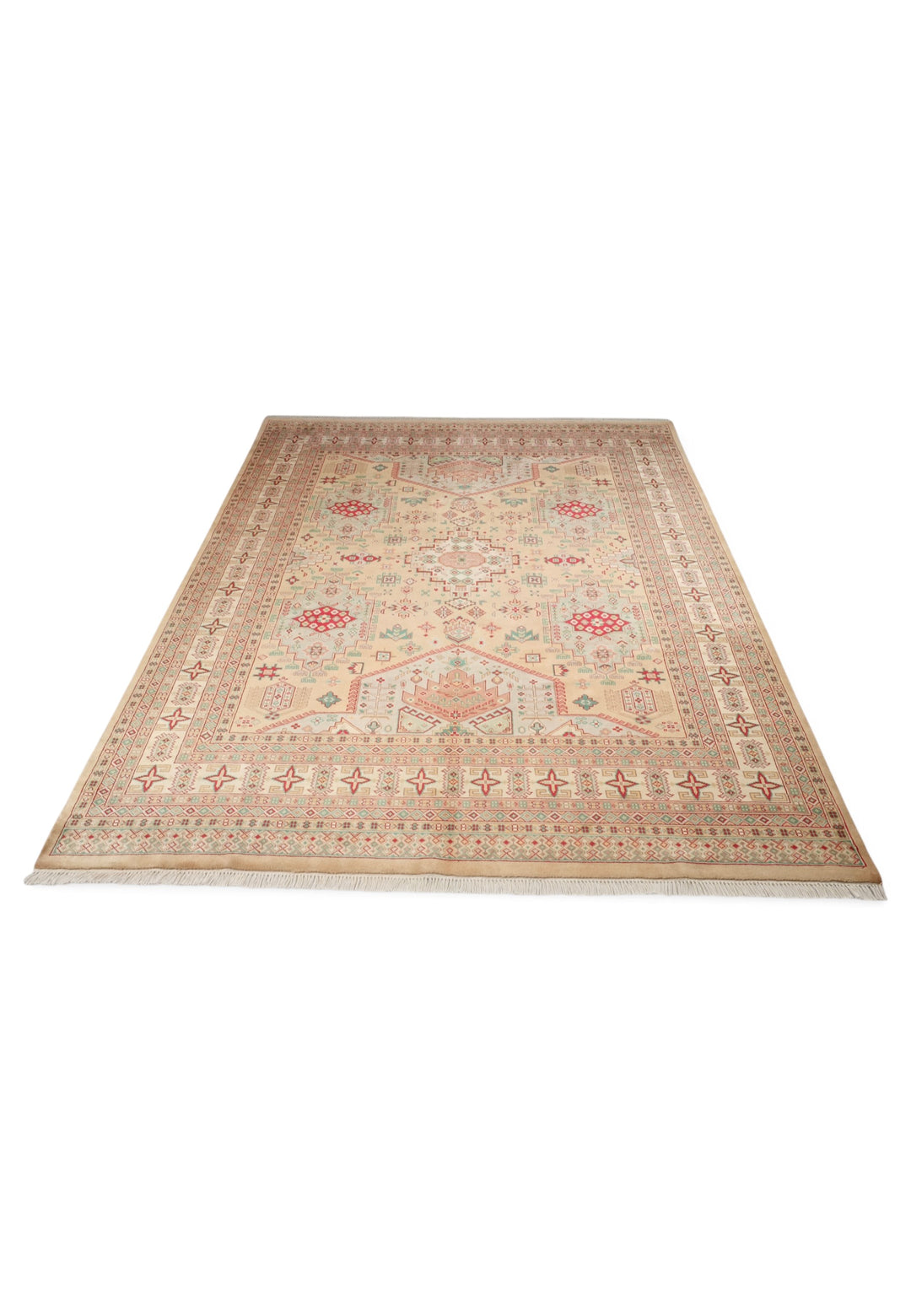 Camel and Coral Caucasian Medallion, Hand-Knotted Wool Rug