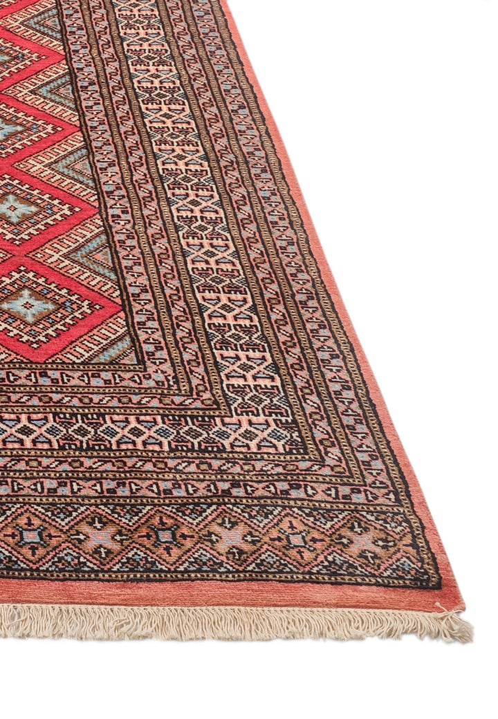 Crimson and Salmon Diamond Lattice, Hand-Knotted Wool Rug