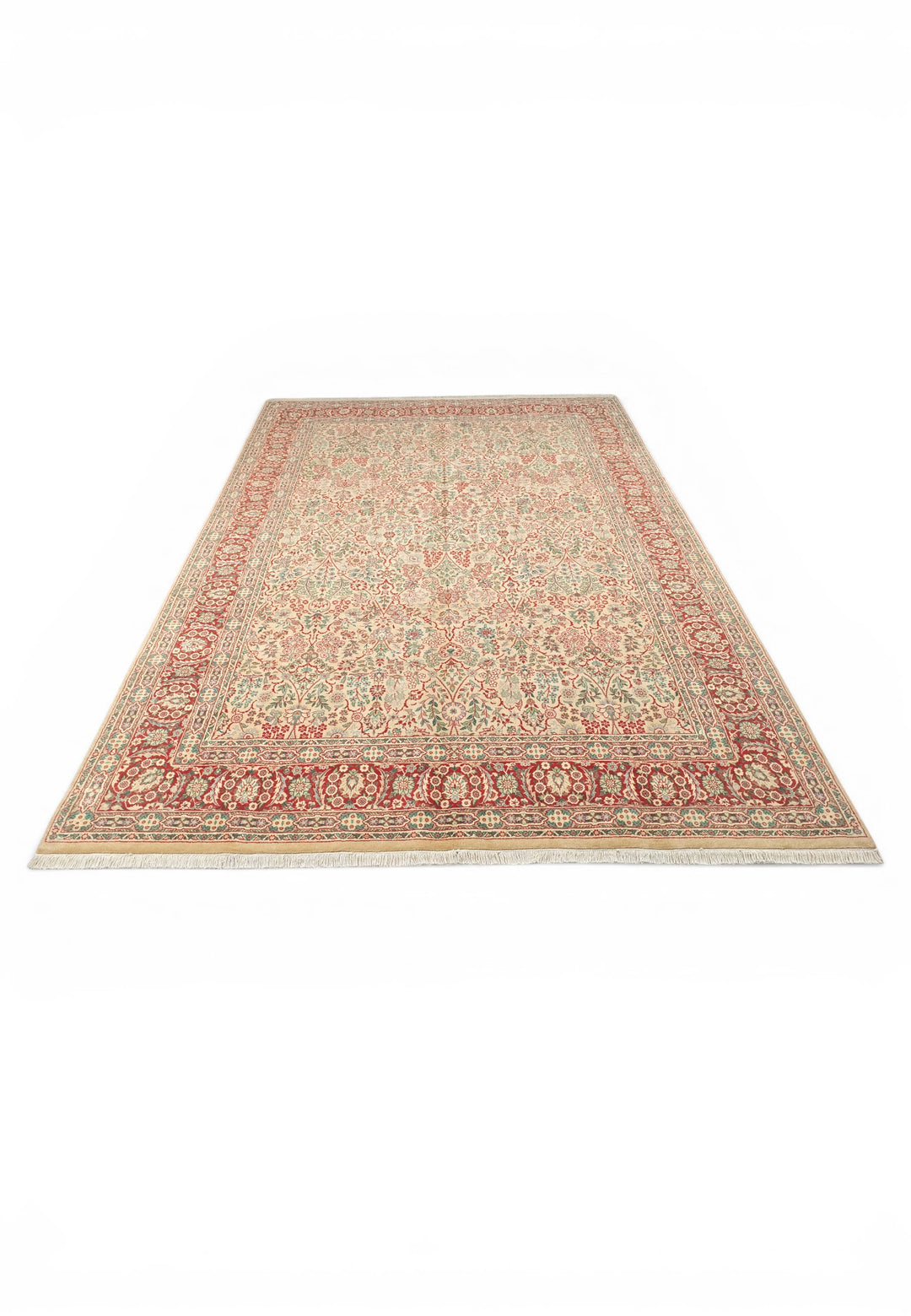 Cream and Red Floral, Hand-Knotted Pakistani Wool Rug