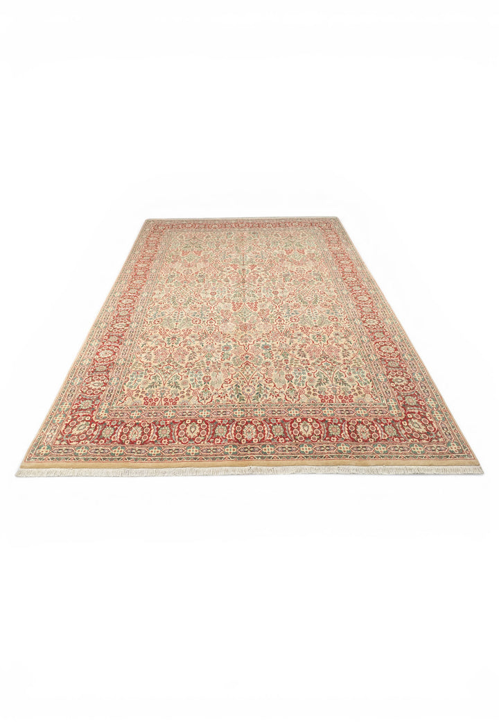Cream and Red Floral, Hand-Knotted Pakistani Wool Rug