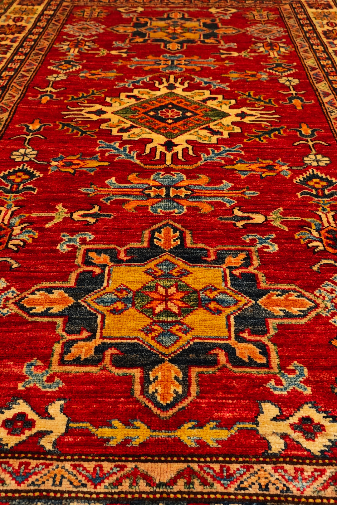 Red &amp; Gold Star Kazak Rug, Hand-Knotted Afghan Wool