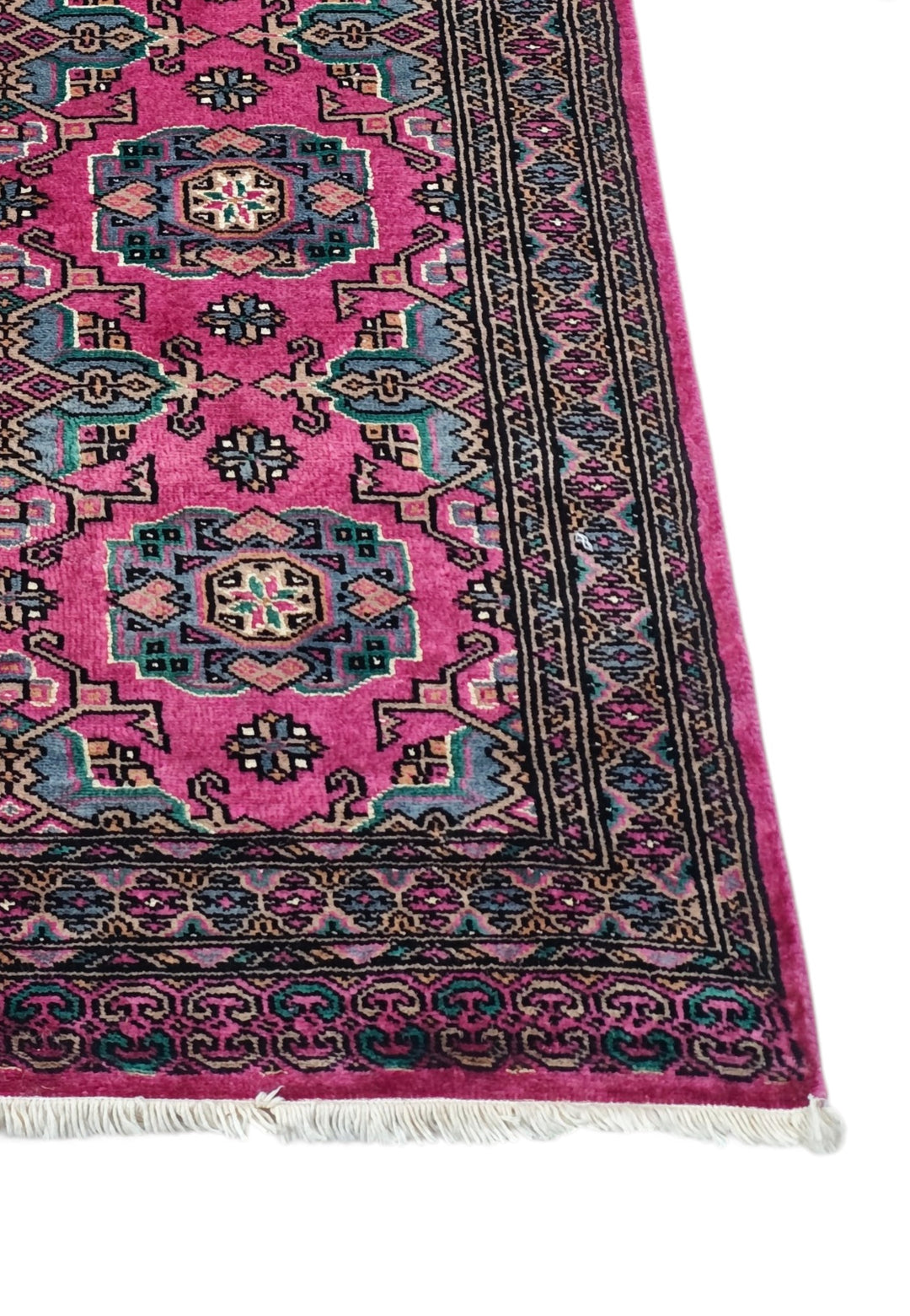 Magenta and Teal Jaldar Rosette Gül, Hand-Knotted Wool and Silk Rug