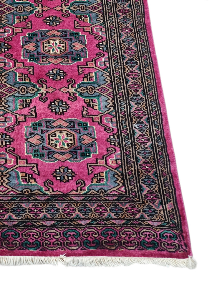 Magenta and Teal Jaldar Rosette Gül, Hand-Knotted Wool and Silk Rug