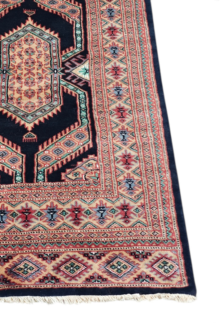 Indigo and Camel Jaldar Nested Medallion, Hand-Knotted Wool Rug