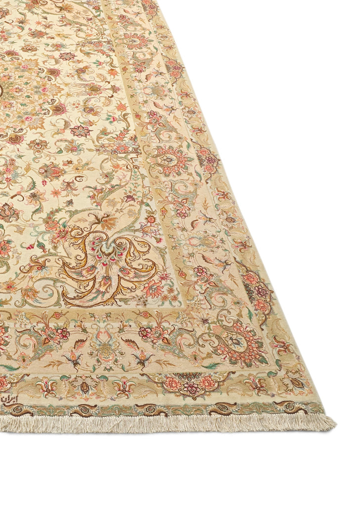 Cream and Gold Radiating Medallion Tabriz, Hand-Knotted Wool Rug
