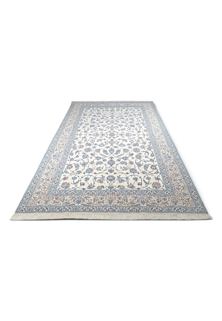 Ivory and Blue All-Over Arabesque Nain, Hand-Knotted Wool Rug