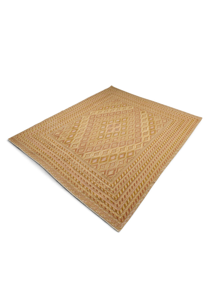 Gold and Cream Diamond Lattice Kilim, Hand-Woven Wool