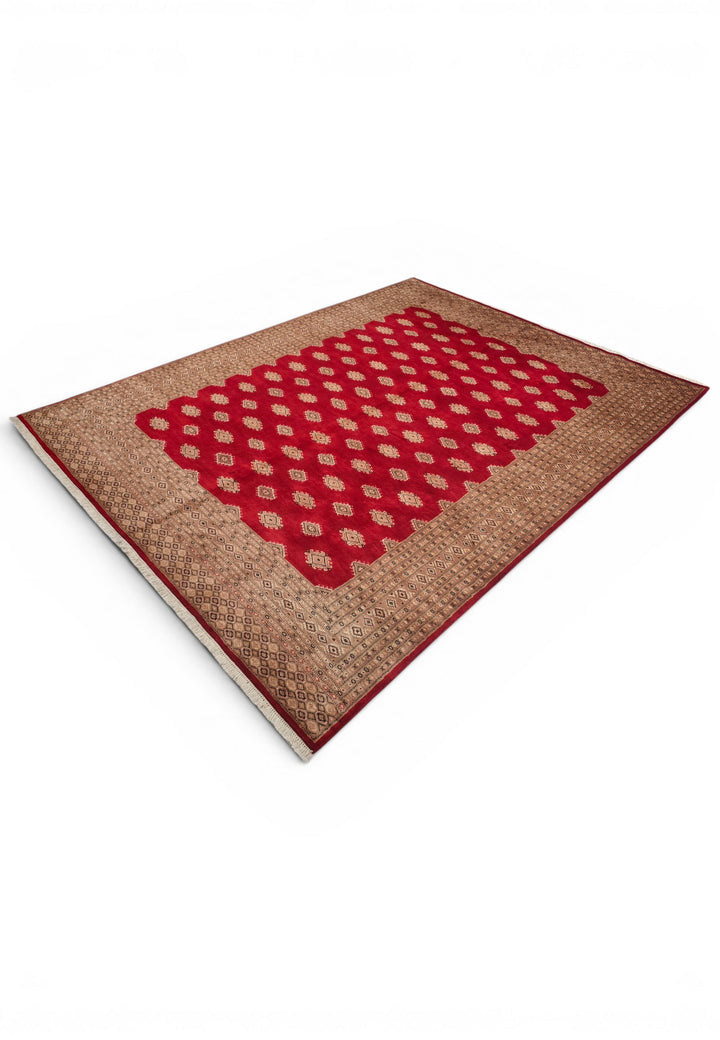 Ruby Red &amp; Cream Diamond Jaldar Rug, Hand-Knotted Pakistani Wool &amp; Silk