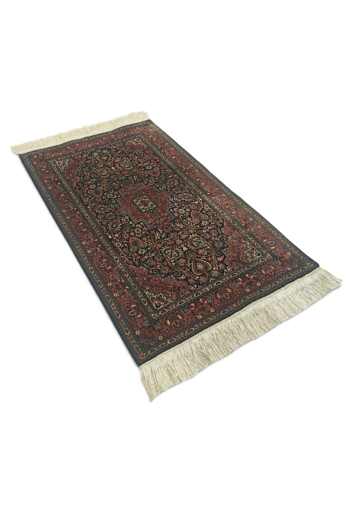 Dark Brown and Brick Red Stepped Medallion, Hand-Knotted Silk Rug