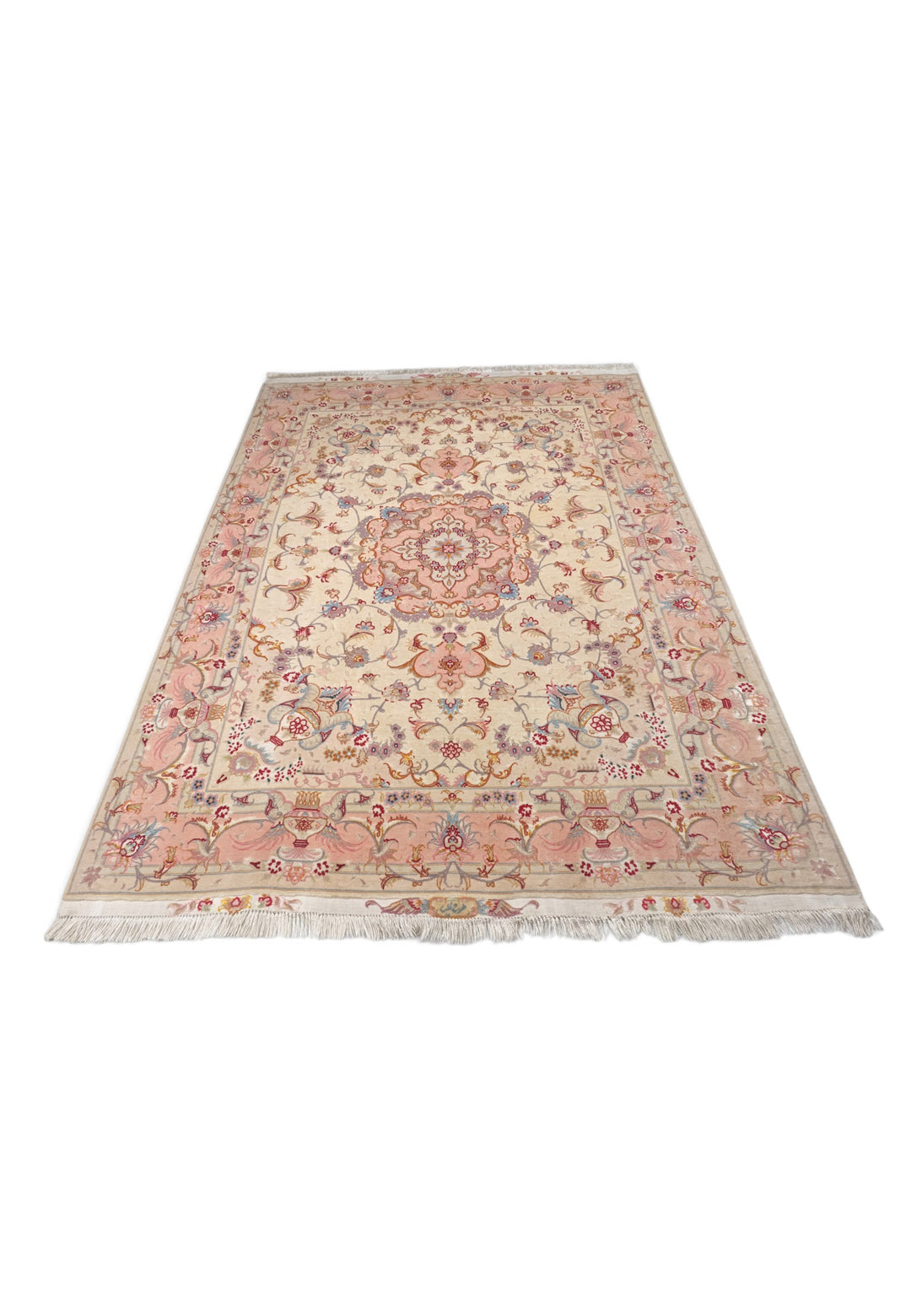 Cream and Rose Pink Vase Border Tabriz, Hand-Knotted Wool Rug