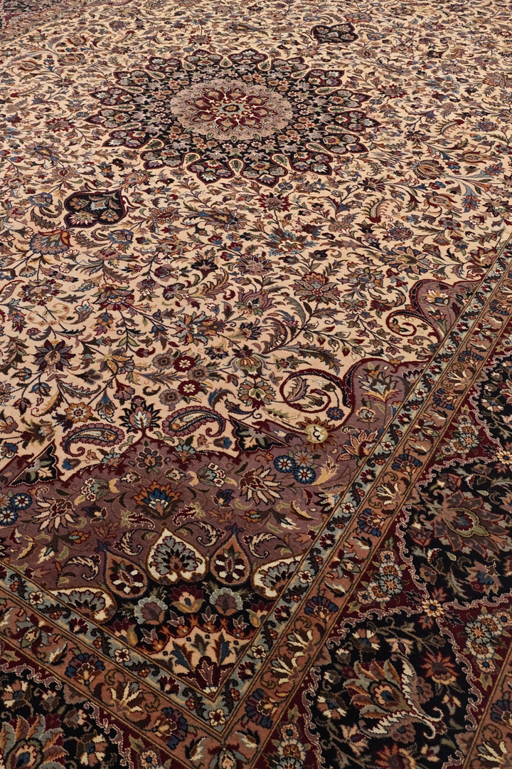 Ivory and Navy Floral Medallion, Hand-Knotted Wool and Silk Rug