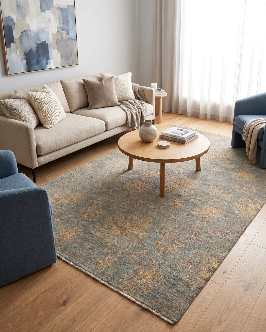 Celadon Blossom Gabbeh, Hand-Knotted Afghan Wool Rug