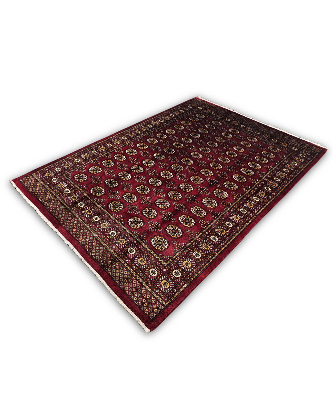 Burgundy Red Turkmen Gül Bokhara Rug, Hand-Knotted Pakistani Wool