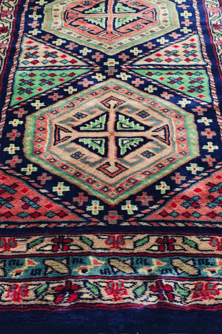 Navy and Rose Hexagonal Medallion Kazak, Hand-Knotted Wool Rug