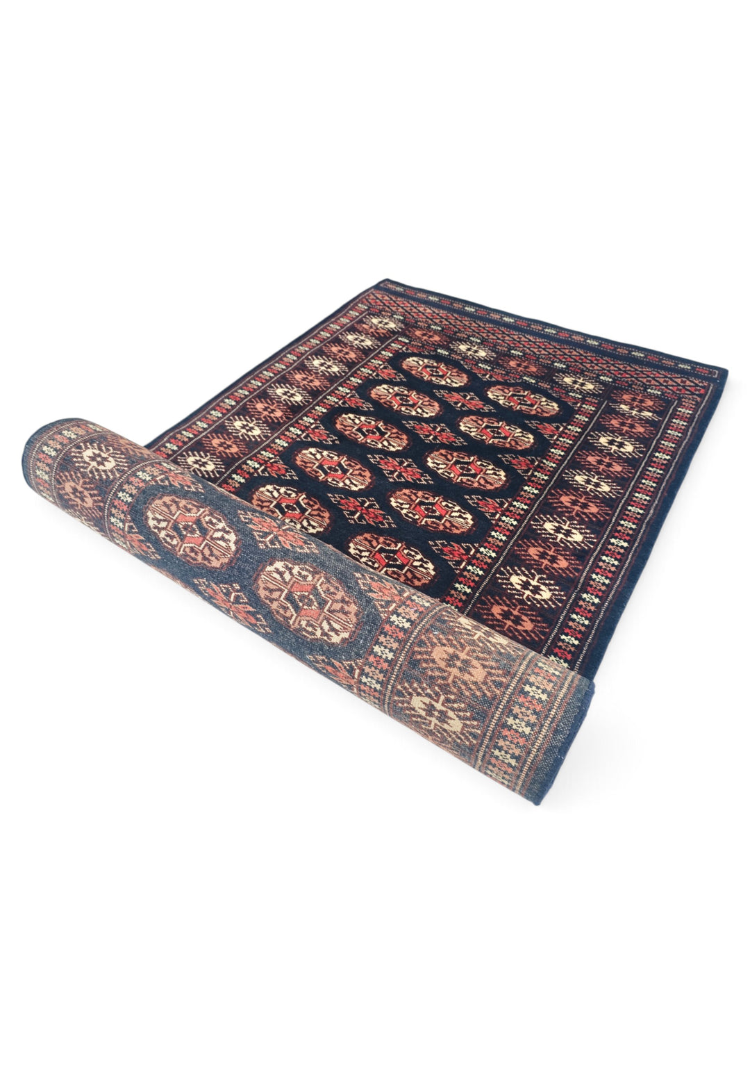Navy and Rose Double Column Gül Bokhara, Hand-Knotted Wool Rug