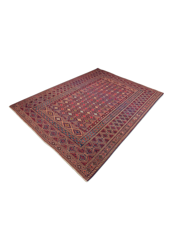 Red and Ivory Diamond Lattice Kilim, Hand-Woven Wool