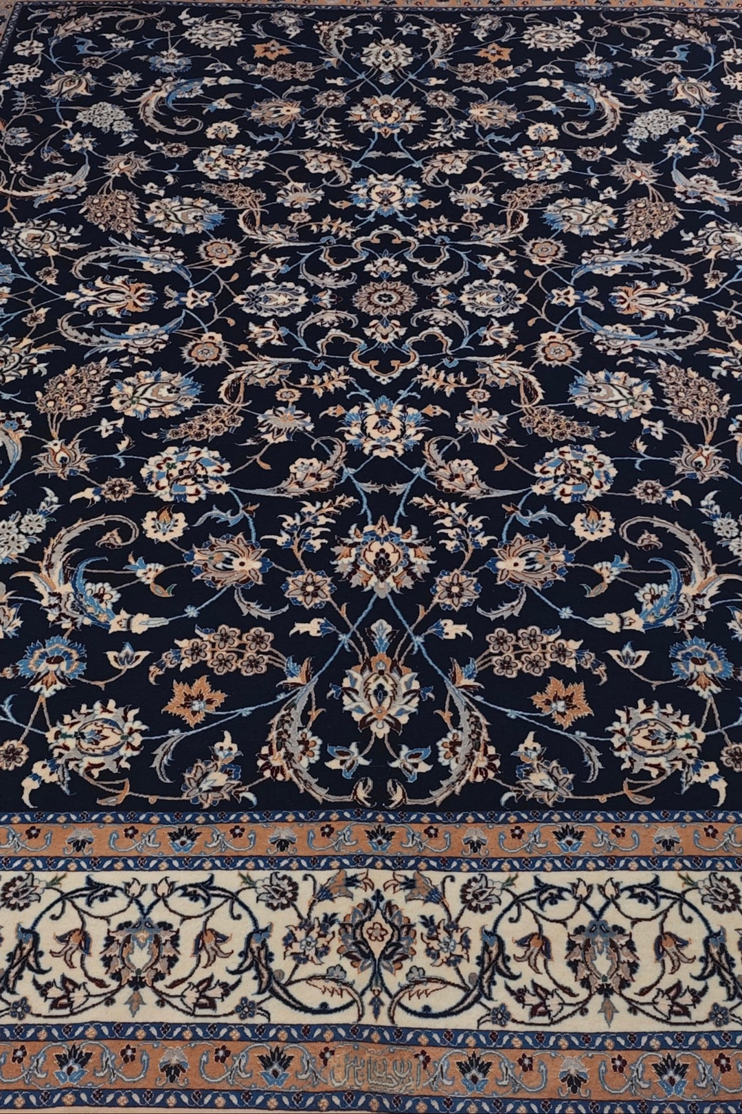 Navy and Ivory All-Over Arabesque Nain, Hand-Knotted Wool Rug