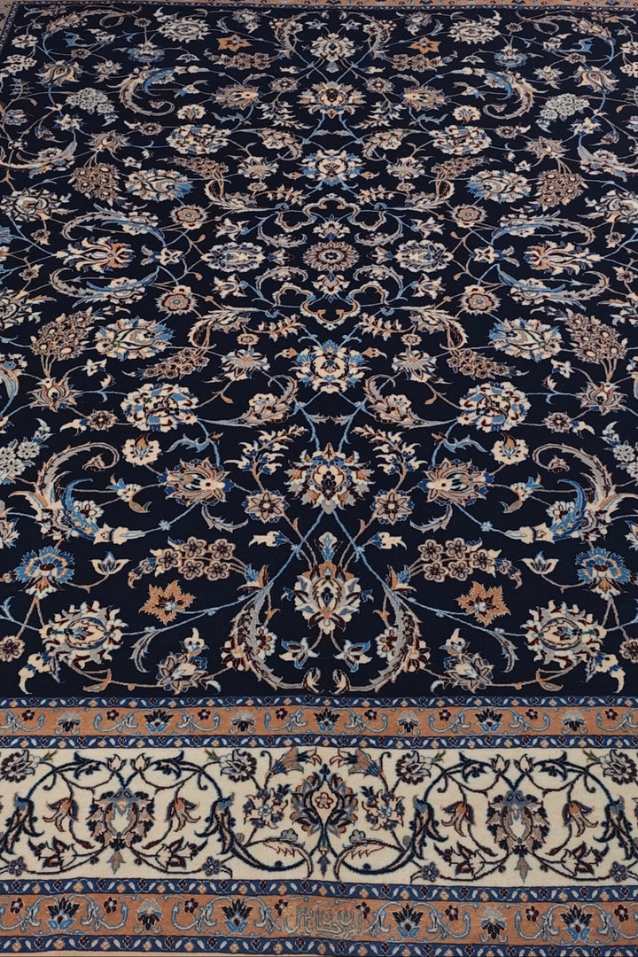 Navy and Ivory All-Over Arabesque Nain, Hand-Knotted Wool Rug