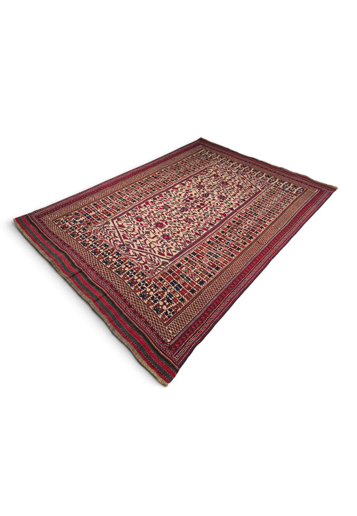 Cream and Red Hooked Medallion Kilim, Hand-Woven Wool