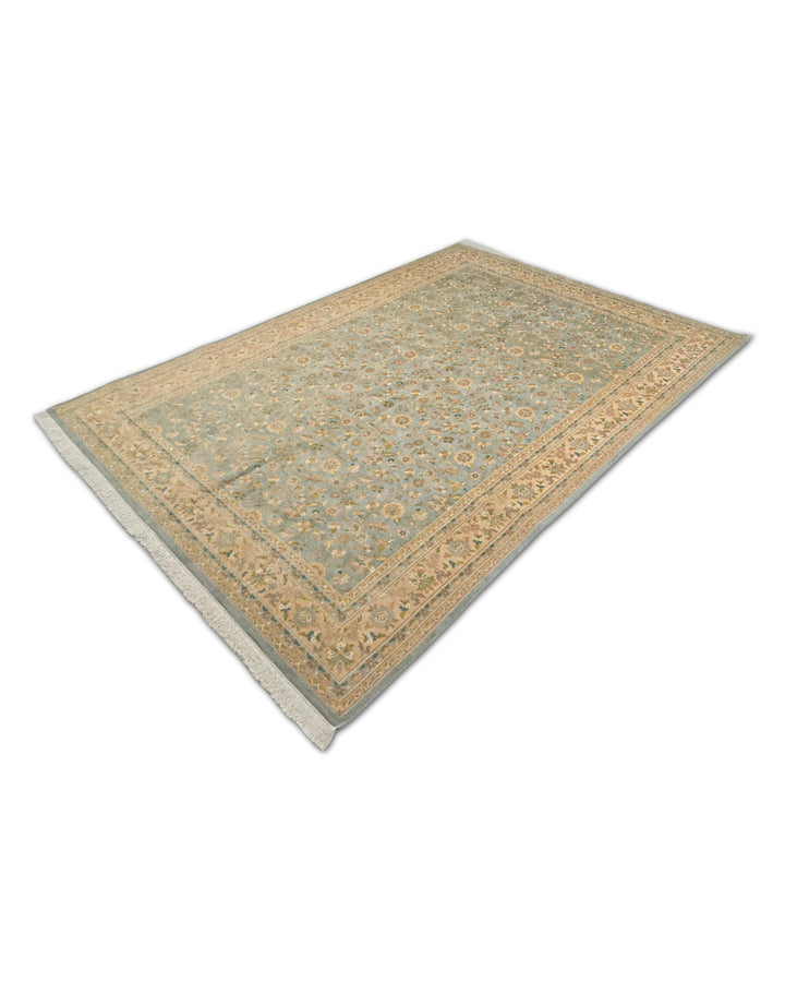 Sage Green and Gold Afshan All-Over Floral, Hand-Knotted Wool Rug