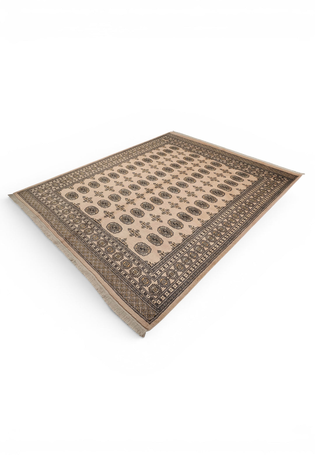 Camel Beige &amp; Charcoal Turkmen Gül Bokhara Rug, Hand-Knotted Pakistani Wool