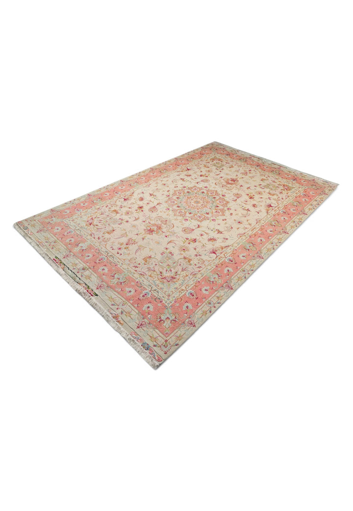 Cream and Coral Medallion Tabriz, Hand-Knotted Wool Rug
